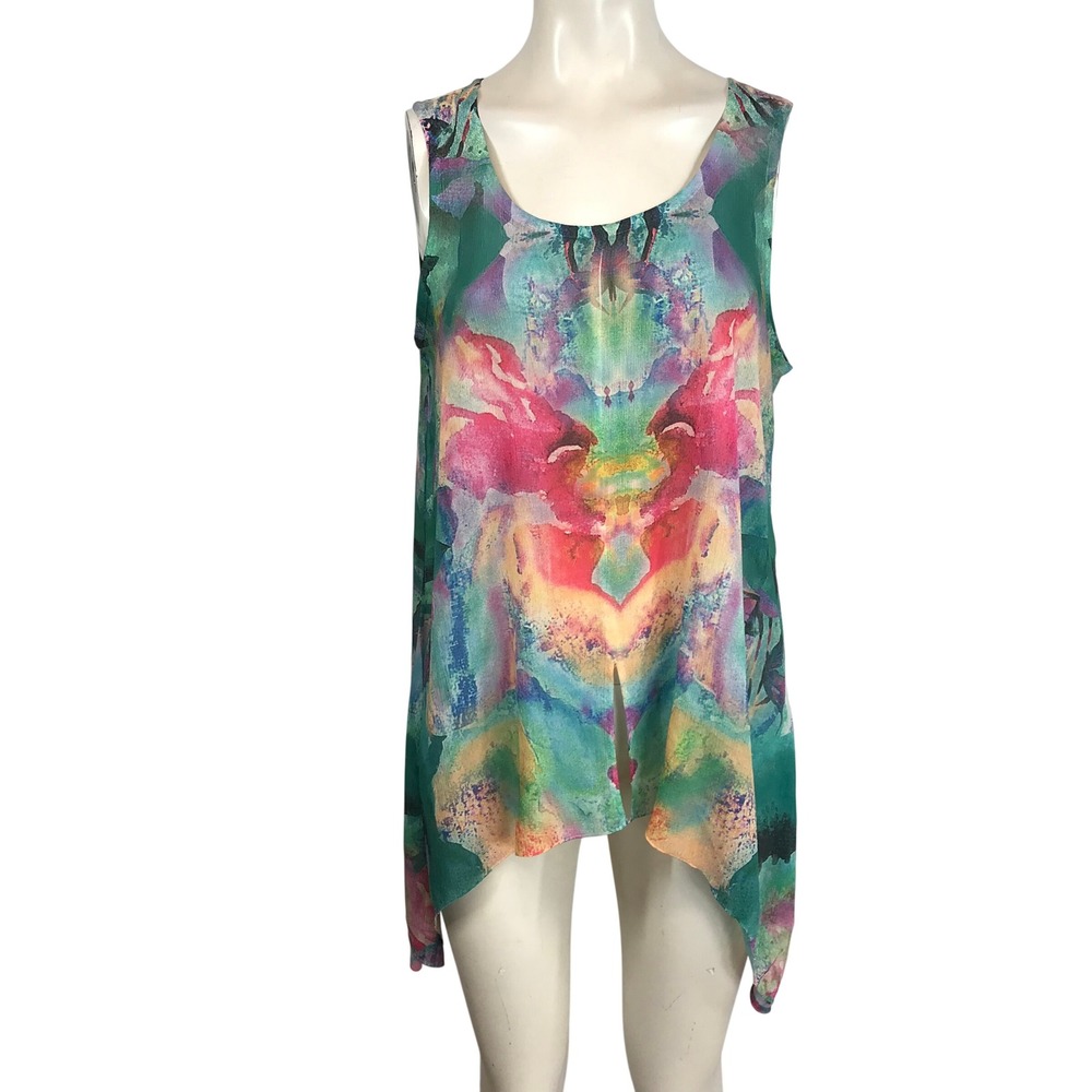 Soft Surroundings Womens Sleeveless Abstract Print Tunic Top Green Pink Yellow S
